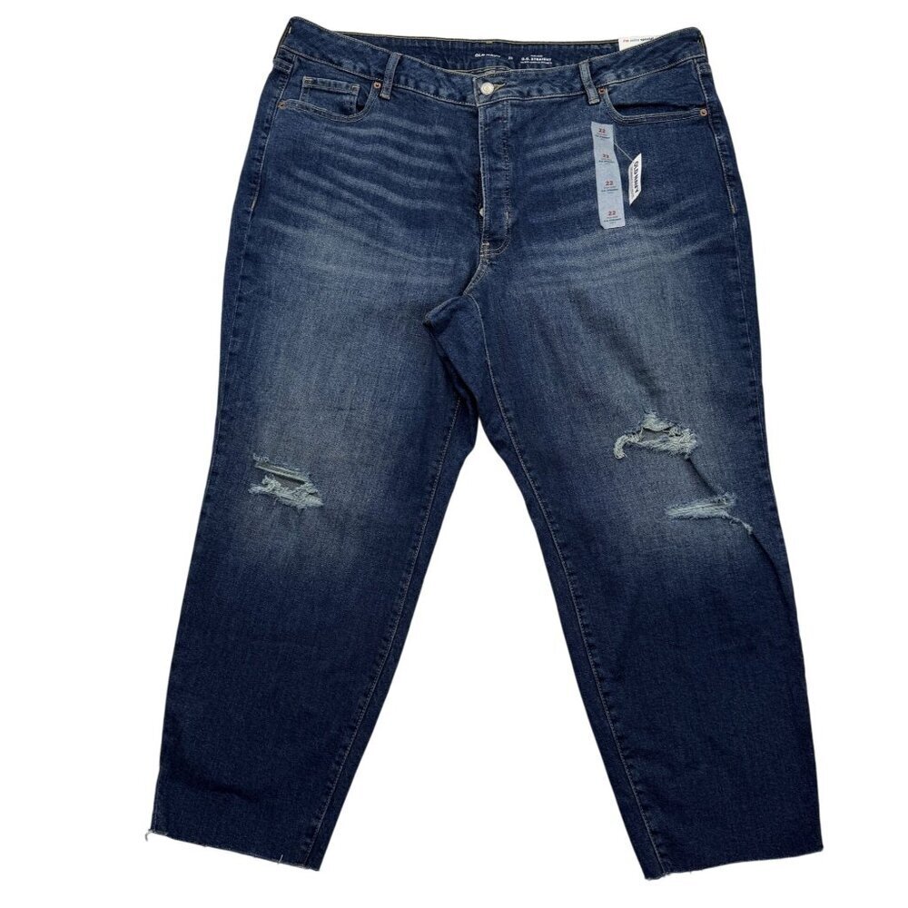 Old Navy Button Fly Jeans Straight HiRise Ankle Stretch Distressed Womens 22 NEW